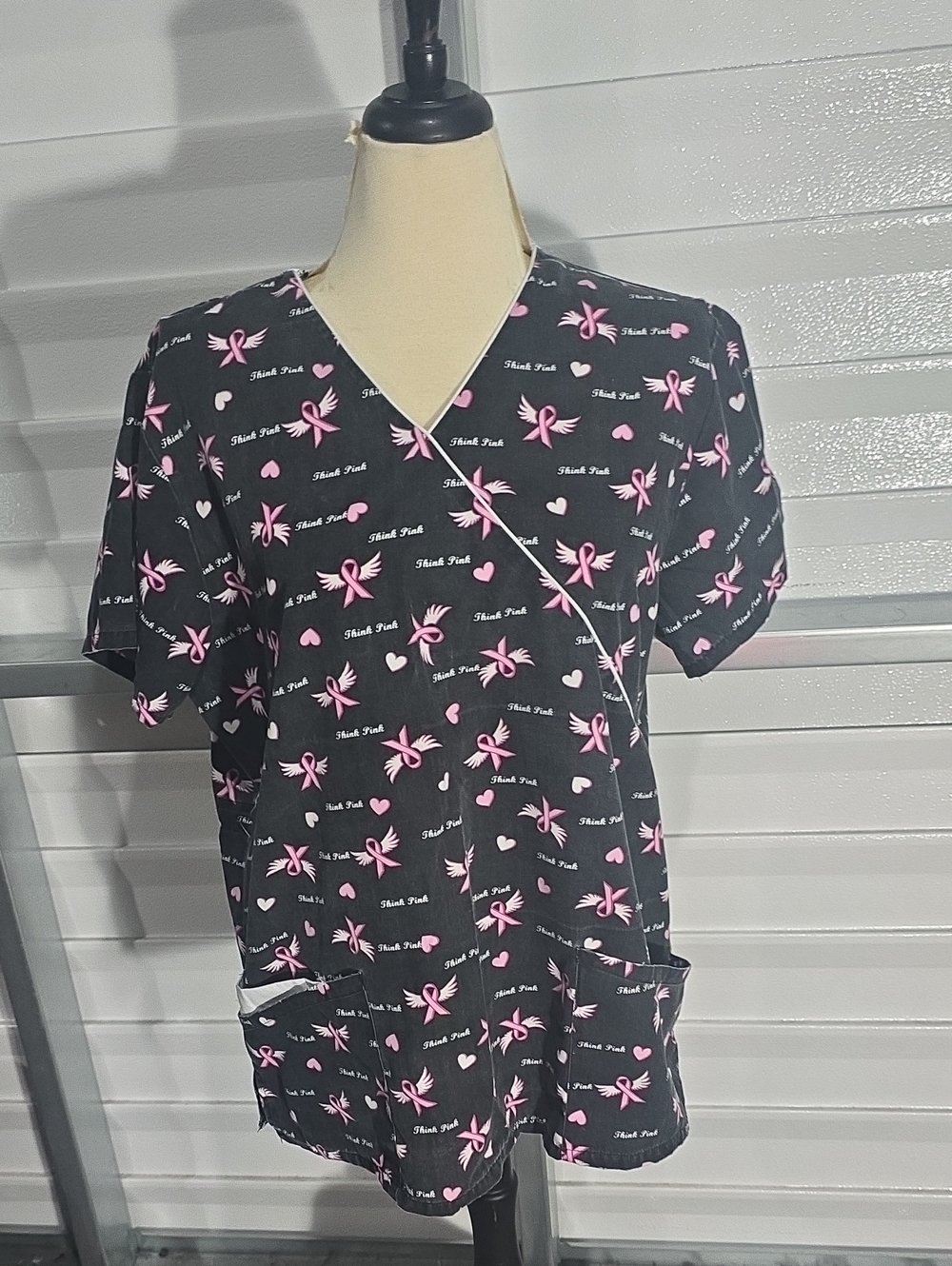 Breast Cancer Pink Ribbon Print Scrub Top - Black & Pink Size XL